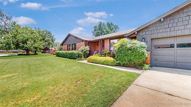 4040 E 46th Pl, Tulsa, OK 74135 - ranch-style home with brick siding, a front yard, a garage, and concrete driveway