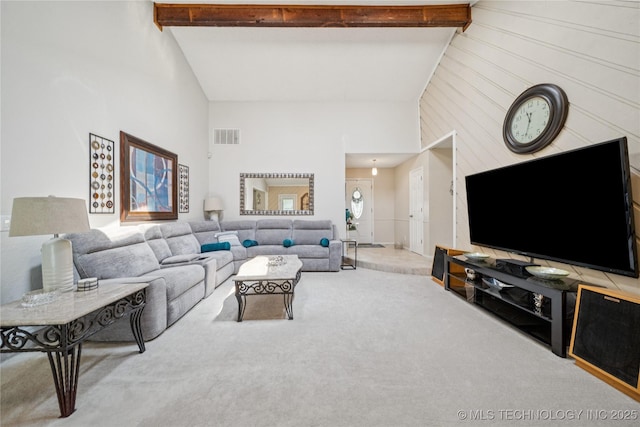 8736 E 59th St, Tulsa, OK 74145 - living area featuring carpet, high vaulted ceiling, and beamed ceiling