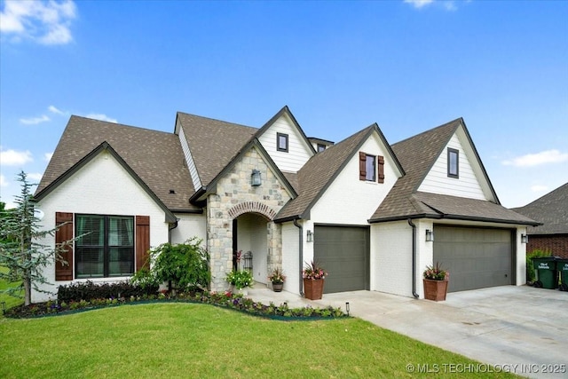 14610 N 144th E Ave, Collinsville, OK 74021 - view of front facade with a garage, concrete driveway, roof with shingles, a front yard, and brick siding