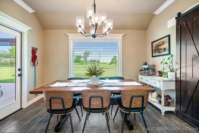 14610 N 144th E Ave, Collinsville, OK 74021 - dining room featuring lofted ceiling, wood tiled floors, a chandelier, a barn door, and healthy amount of natural light