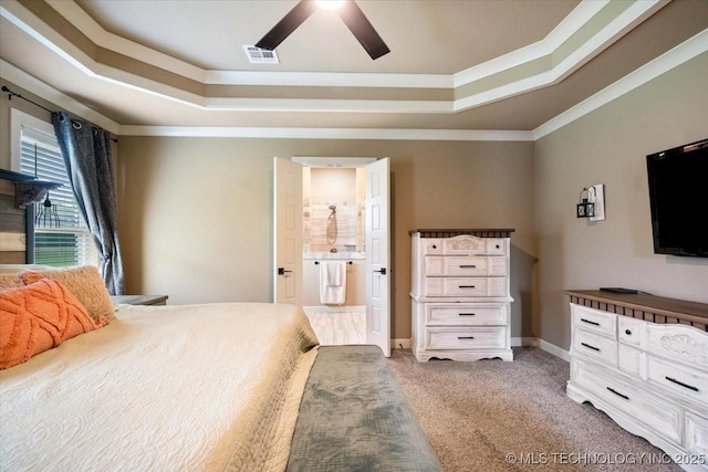 14610 N 144th E Ave, Collinsville, OK 74021 - bedroom with a raised ceiling, light carpet, ornamental molding, and ceiling fan