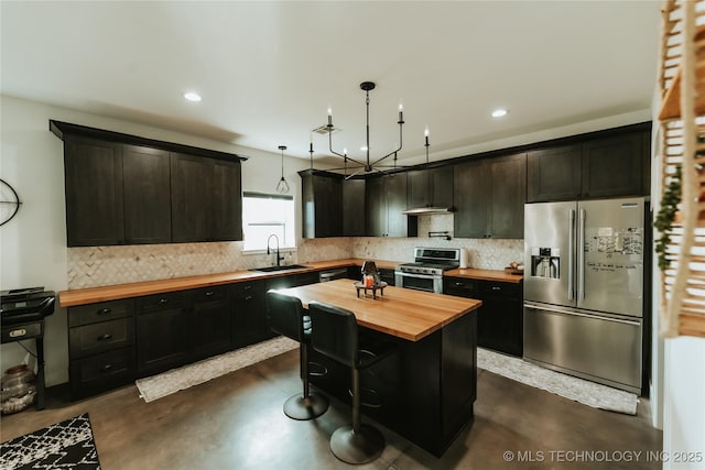 348550 E Parkside Dr, Pawnee, OK 74058 - kitchen featuring butcher block counters, appliances with stainless steel finishes, finished concrete flooring, backsplash, and recessed lighting