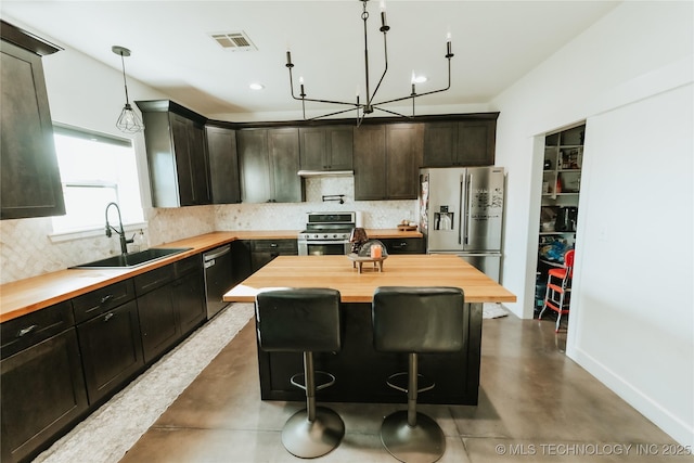 348550 E Parkside Dr, Pawnee, OK 74058 - kitchen with butcher block countertops, stainless steel appliances, finished concrete floors, backsplash, and recessed lighting