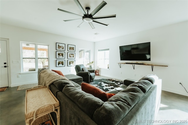 348550 E Parkside Dr, Pawnee, OK 74058 - living room with ceiling fan, plenty of natural light, and finished concrete floors