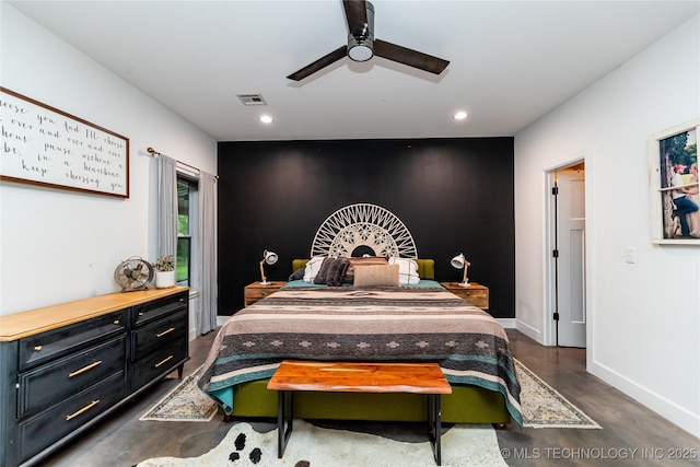 348550 E Parkside Dr, Pawnee, OK 74058 - bedroom featuring concrete floors, recessed lighting, and a ceiling fan
