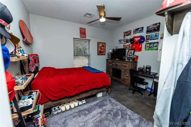 348550 E Parkside Dr, Pawnee, OK 74058 - bedroom featuring ceiling fan and concrete flooring