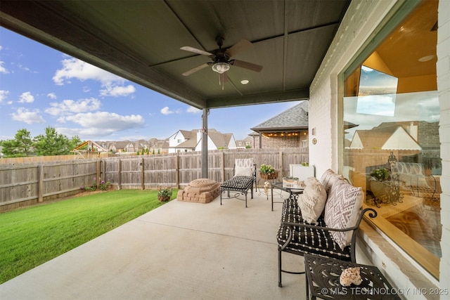 716 E 126th St, Jenks, OK 74037 - fenced backyard with a ceiling fan, a patio, and a residential view