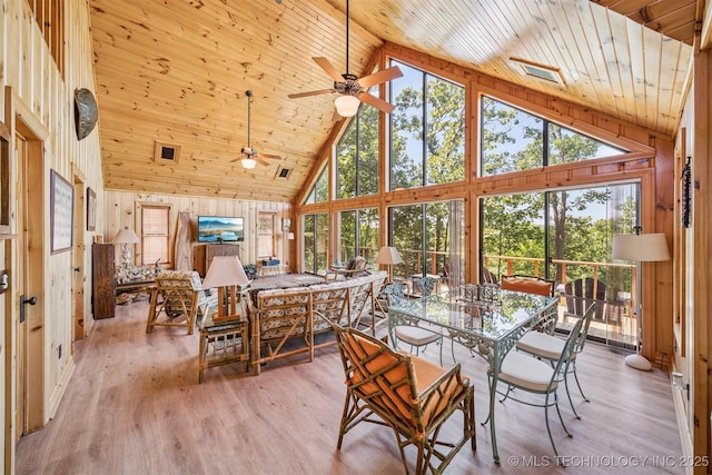 69125 E 252nd Rd, Wyandotte, OK 74370 - dining room with high vaulted ceiling, wood walls, ceiling fan, wood ceiling, and light wood-style floors