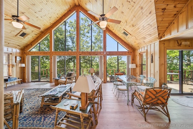 69125 E 252nd Rd, Wyandotte, OK 74370 - sunroom / solarium featuring high vaulted ceiling, plenty of natural light, wood ceiling, wood walls, and wood finished floors
