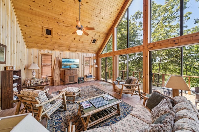 69125 E 252nd Rd, Wyandotte, OK 74370 - living room with high vaulted ceiling, wooden walls, ceiling fan, wood finished floors, and wood ceiling