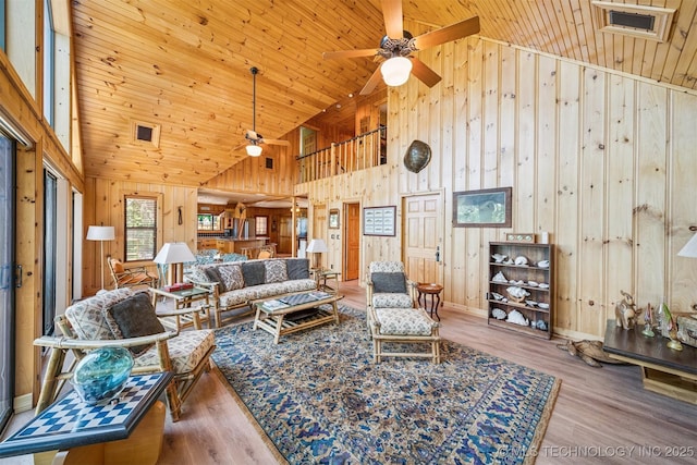 69125 E 252nd Rd, Wyandotte, OK 74370 - living area with ceiling fan, wood ceiling, wood finished floors, wood walls, and high vaulted ceiling