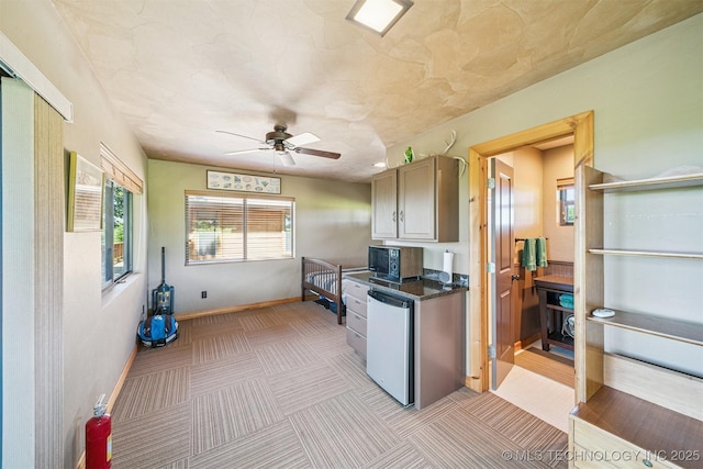 69125 E 252nd Rd, Wyandotte, OK 74370 - kitchen featuring ceiling fan, light colored carpet, black microwave, and dishwasher