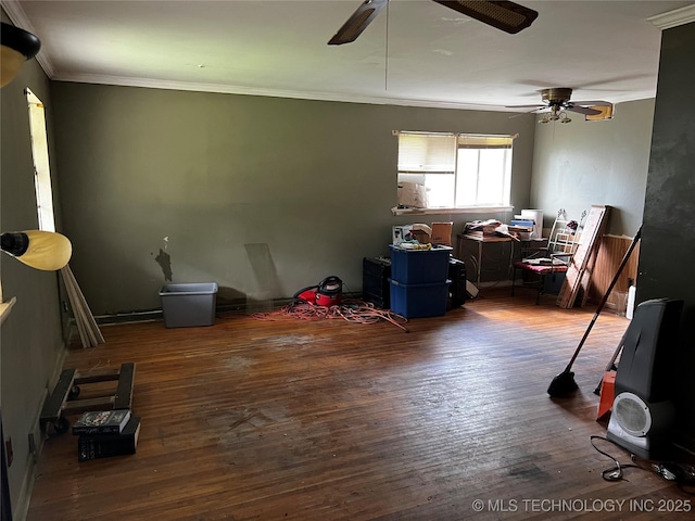 5756 E 28th St, Tulsa, OK 74114 - miscellaneous room featuring ceiling fan, ornamental molding, and wood finished floors