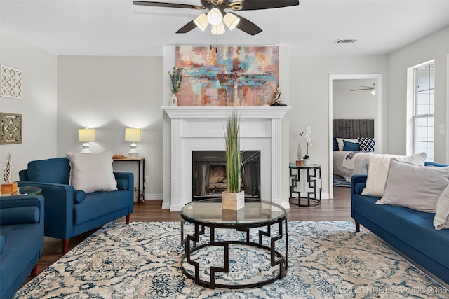 2117 Western Dr, Skiatook, OK 74070 - living room with a ceiling fan, wood finished floors, and a fireplace