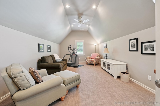 9319 S Indianapolis Ave, Tulsa, OK 74137 - living area featuring lofted ceiling, light carpet, ceiling fan, and recessed lighting