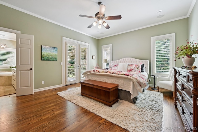 9319 S Indianapolis Ave, Tulsa, OK 74137 - bedroom with access to outside, wood finished floors, crown molding, and a ceiling fan