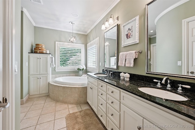 9319 S Indianapolis Ave, Tulsa, OK 74137 - bathroom featuring double vanity, a bath, tile patterned flooring, and ornamental molding