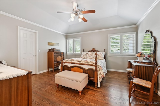 9319 S Indianapolis Ave, Tulsa, OK 74137 - bedroom with dark wood finished floors, multiple windows, vaulted ceiling, crown molding, and a ceiling fan