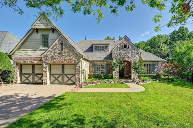 9319 S Indianapolis Ave, Tulsa, OK 74137 - tudor-style house with stone siding, a front lawn, a garage, concrete driveway, and a shingled roof