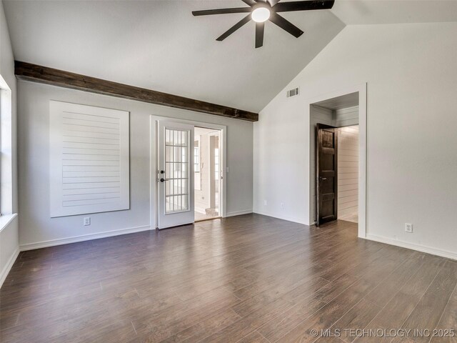 7507 S 92nd E Ave, Tulsa, OK 74133 - unfurnished room with ceiling fan, dark wood-style floors, and high vaulted ceiling