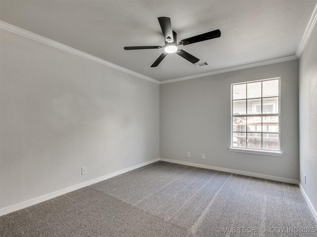 7507 S 92nd E Ave, Tulsa, OK 74133 - empty room with a ceiling fan, carpet flooring, crown molding, and a textured ceiling