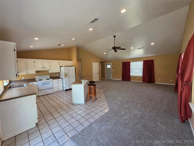 2202 Sycamore Rd, Mcalester, OK 74501 - kitchen with white appliances, lofted ceiling, open floor plan, ceiling fan, and white cabinets