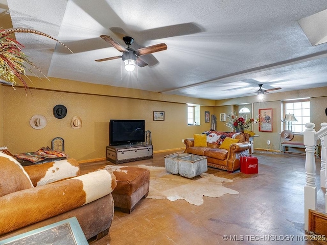 17027 County Road 3547, Ada, OK 74820 - living area featuring ceiling fan, finished concrete flooring, and a textured ceiling