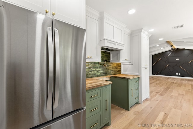 16355 County Road 1586, Ada, OK 74820 - kitchen featuring freestanding refrigerator, wood counters, green cabinetry, white cabinets, and recessed lighting