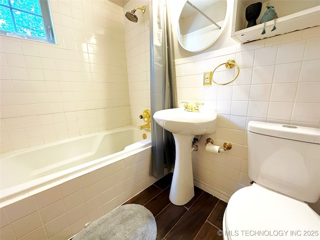 5371 Hilltop, Mcalester, OK 74501 - full bathroom with tiled shower / bath, wood finished floors, and tile walls