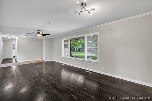 5941 S Utica Ave, Tulsa, OK 74105 - unfurnished living room with ornamental molding, wood finished floors, a chandelier, and ceiling fan