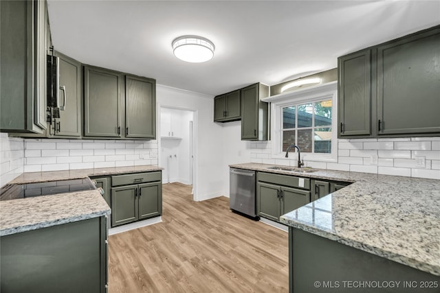 5941 S Utica Ave, Tulsa, OK 74105 - kitchen with dishwasher, decorative backsplash, light wood-type flooring, light stone counters, and stove