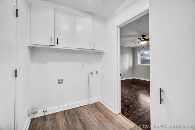 5941 S Utica Ave, Tulsa, OK 74105 - laundry room featuring cabinet space, ornamental molding, wood finished floors, ceiling fan, and electric dryer hookup