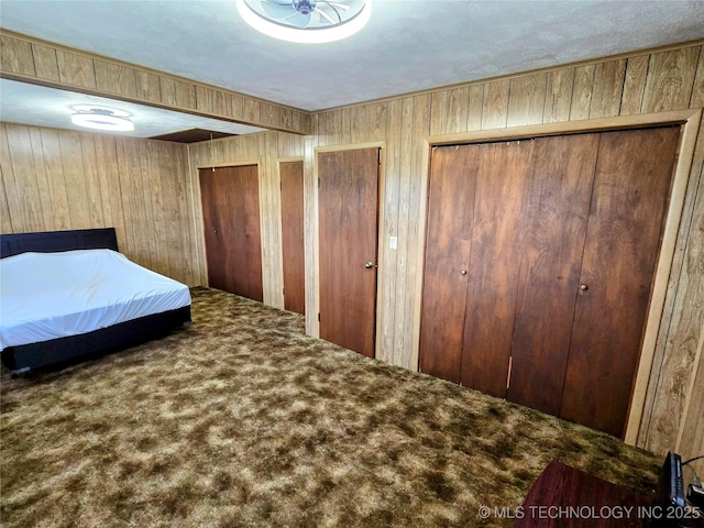 6850 E County Road 553, Kansas, OK 74347 - bedroom featuring carpet, two closets, and wood walls