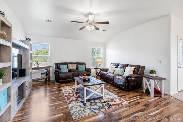 23204 S Jewell Dr, Claremore, OK 74019 - living room featuring dark wood-type flooring, a ceiling fan, and lofted ceiling