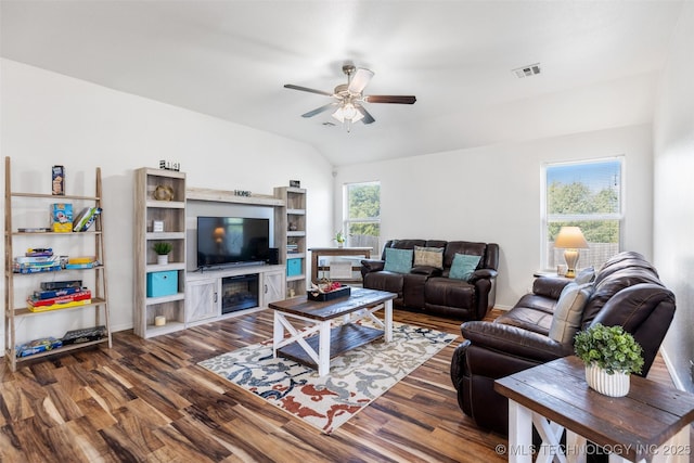 23204 S Jewell Dr, Claremore, OK 74019 - living area featuring ceiling fan, wood finished floors, and lofted ceiling