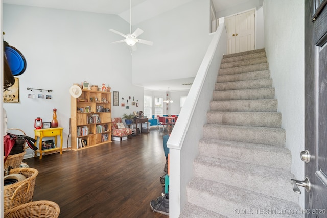 1508 S Kalanchoe Ave, Broken Arrow, OK 74012 - stairs featuring wood finished floors, high vaulted ceiling, and ceiling fan