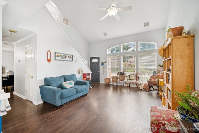 1508 S Kalanchoe Ave, Broken Arrow, OK 74012 - living area with wood finished floors, ceiling fan, and high vaulted ceiling