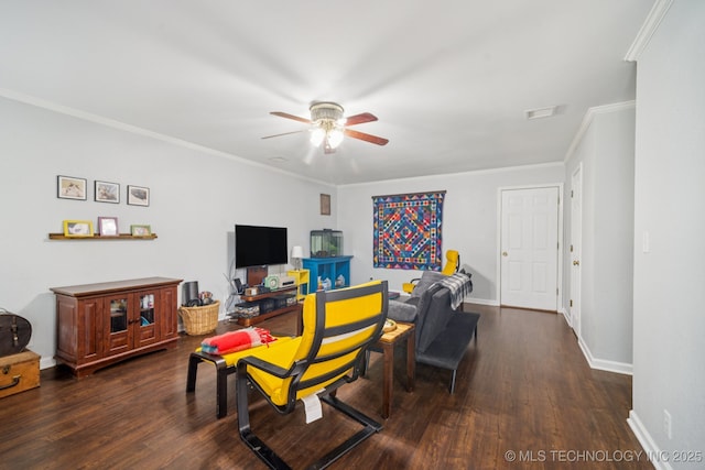 1508 S Kalanchoe Ave, Broken Arrow, OK 74012 - living area featuring a ceiling fan, wood finished floors, and ornamental molding