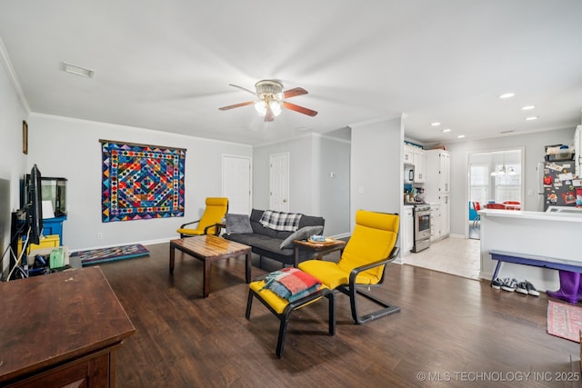 1508 S Kalanchoe Ave, Broken Arrow, OK 74012 - living area with a ceiling fan, light wood-style flooring, recessed lighting, and ornamental molding