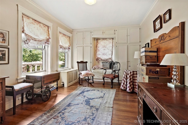 1500 S Frisco Ave Unit 1E, Tulsa, OK 74119 - living area featuring dark wood-style flooring, crown molding, cooling unit, a baseboard radiator, and radiator