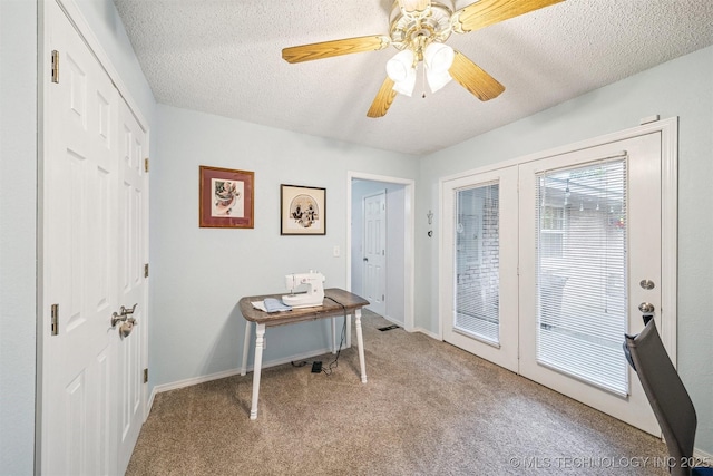16 Big Bluff St, Pryor, OK 74361 - office featuring carpet flooring, a textured ceiling, and a ceiling fan