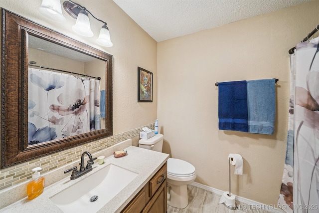 16 Big Bluff St, Pryor, OK 74361 - full bathroom featuring a textured ceiling, vanity, tasteful backsplash, wood finished floors, and a shower with shower curtain
