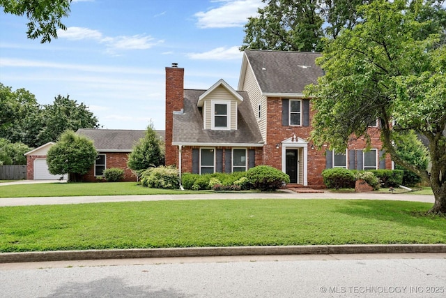3316 E 88th St, Tulsa, OK 74137 - view of front of property featuring a chimney, brick siding, a front lawn, and a shingled roof