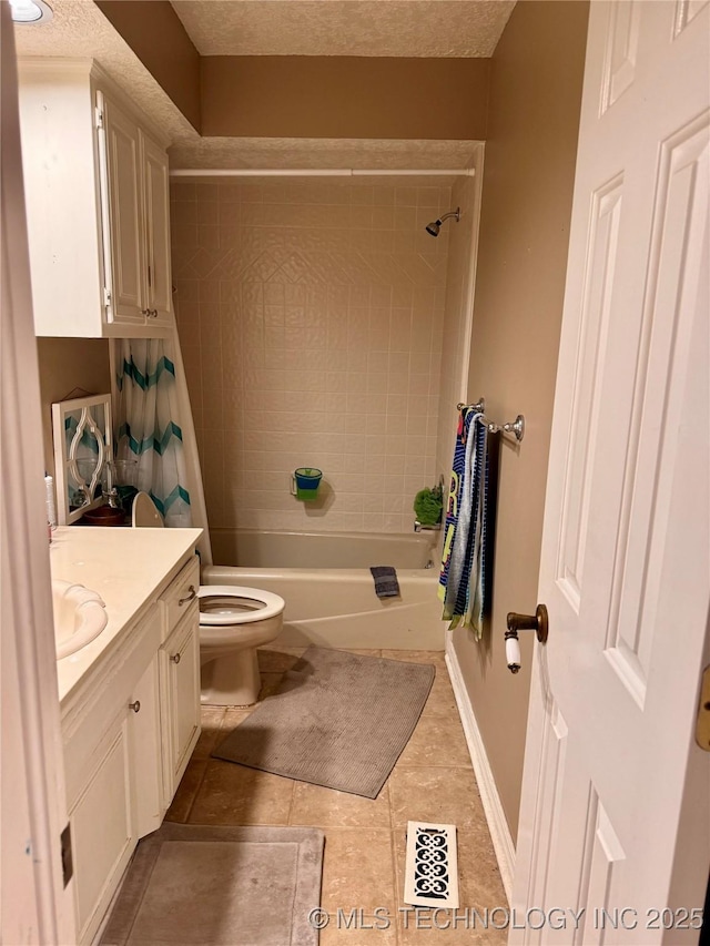 8448 S Florence Ave, Tulsa, OK 74137 - full bath featuring vanity, shower / tub combo with curtain, tile patterned floors, and a textured ceiling