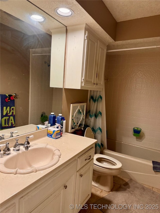 8448 S Florence Ave, Tulsa, OK 74137 - bathroom with tile patterned floors, vanity, shower / tub combo with curtain, a textured ceiling, and recessed lighting