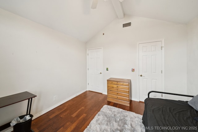 8931 E 62nd Pl, Tulsa, OK 74133 - bedroom featuring beamed ceiling, wood finished floors, ceiling fan, and high vaulted ceiling