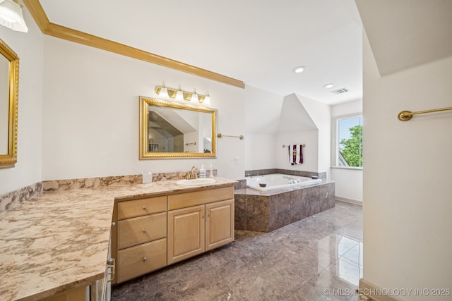 238 Keypoint Dr, Sand Springs, OK 74063 - full bathroom with vanity, a garden tub, marble finish floors, and recessed lighting