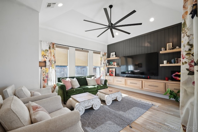 6103 W Charleston Pl, Broken Arrow, OK 74011 - living room with a ceiling fan, light wood-style floors, lofted ceiling, and recessed lighting