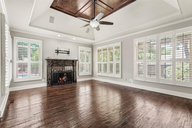 10150 S Maplewood Ave, Tulsa, OK 74137 - unfurnished living room with a tray ceiling, ceiling fan, wood finished floors, a fireplace, and recessed lighting
