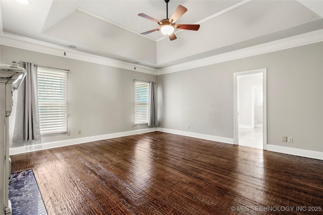 10150 S Maplewood Ave, Tulsa, OK 74137 - unfurnished room featuring a raised ceiling, ceiling fan, wood finished floors, and crown molding